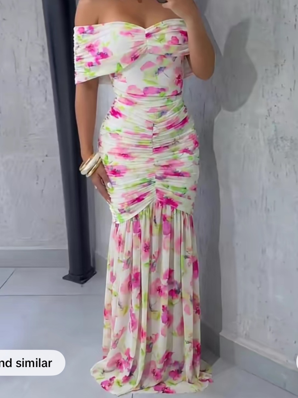 Off-Shoulder Floral Ruched Maxi Dress - Pink/White